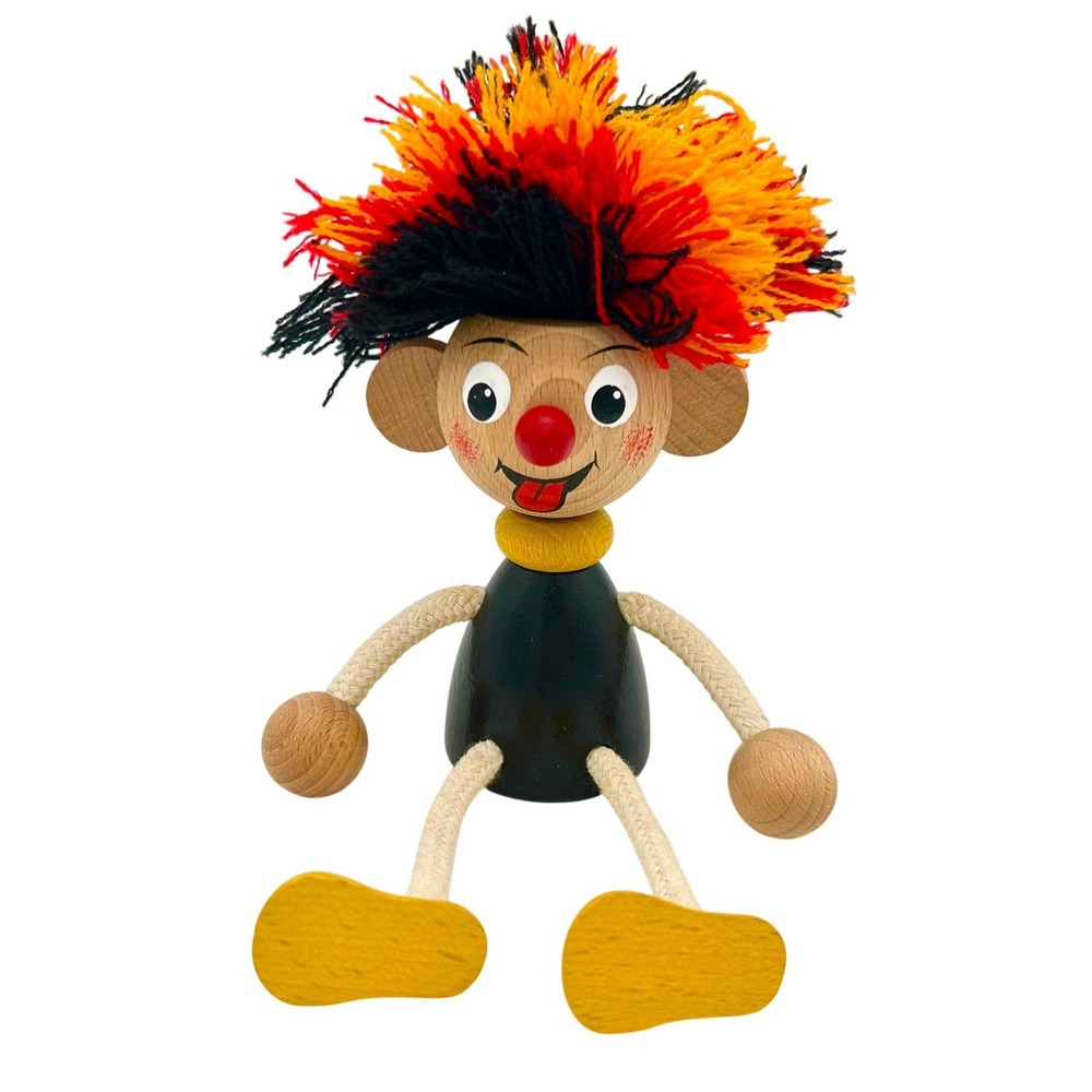 Vintage German Wooden Clown Yarn Hair Rope Limbs Hand Painted Shelf Sitter